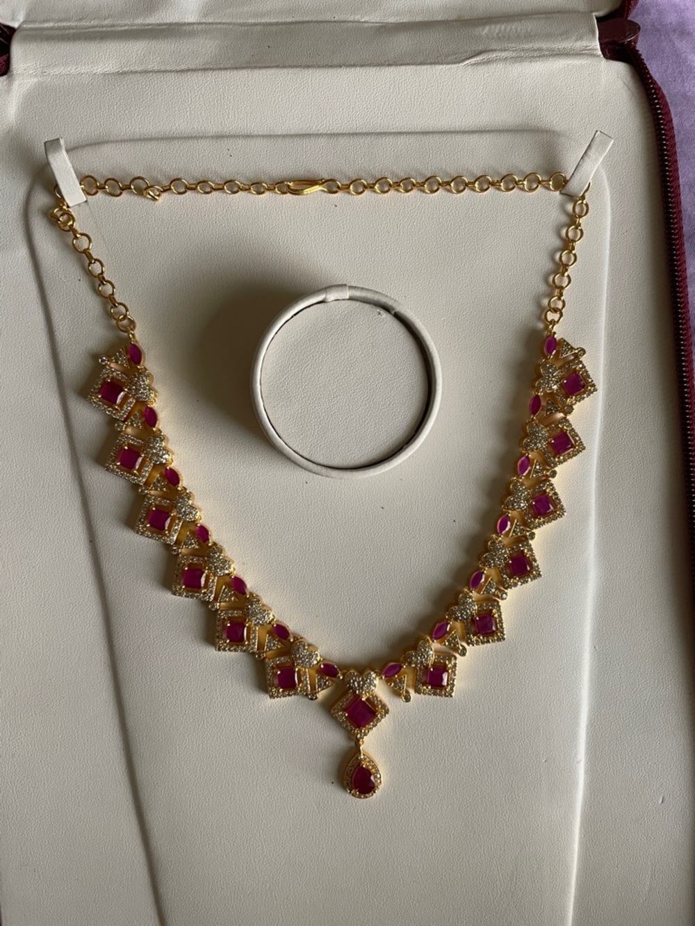 Gold-Tone Pink Gemstone Necklace Set - Women Jewelry
